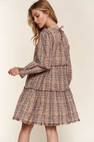 Full Size Washed Frayed Tiered Plaid Dress