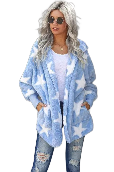 Star Open Front Fuzzy Hooded Jacket with Pockets