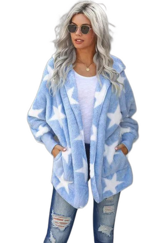 Star Open Front Fuzzy Hooded Jacket with Pockets