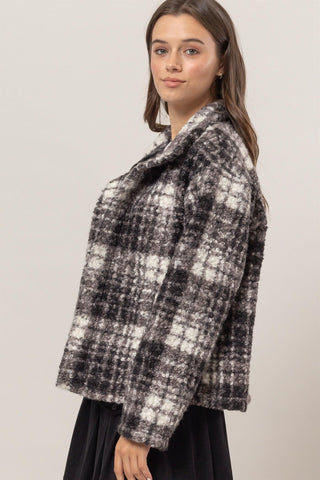 HAYFEVER Plaid Collared Neck Bouclé Jacket with Pockets