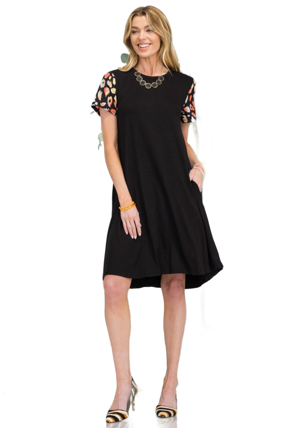 Full Size Leopard Short Sleeve Dress with Pockets