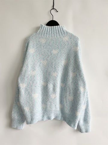 Heart Feathered Turtleneck Drop Shoulder Sweater