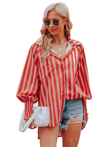 Striped Collared Neck Lantern Sleeve Shirt