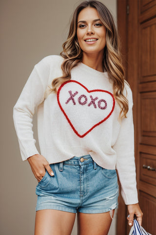 Heart Round Neck Dropped Shoulder Sweater