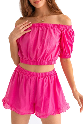 Off Shoulder Crop Top and Ruffled Shorts Set