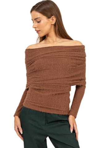 Fuzzy Off Shoulder Textured Knit Top