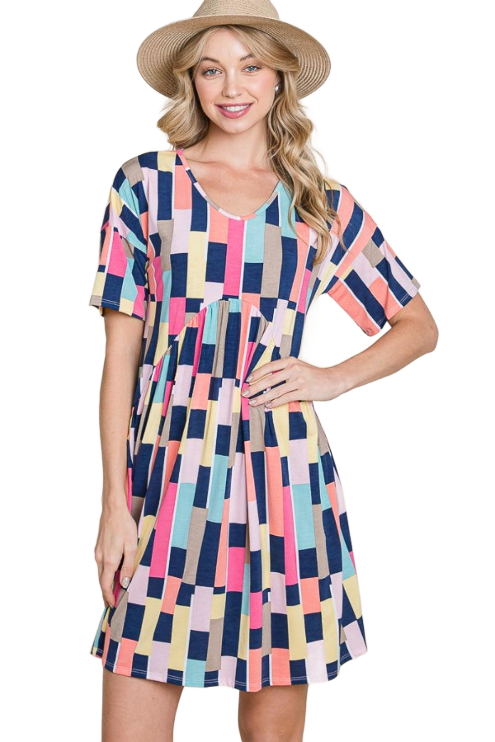 Ruched Color Block Short Sleeve Mini Dress