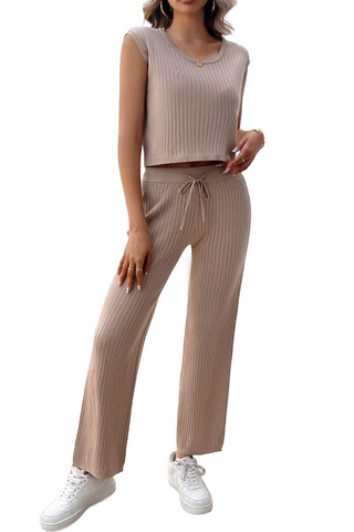 Ribbed Round Neck Top and Pants Set