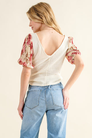 Full Size Floral Print Textured Sleeve Knit Top