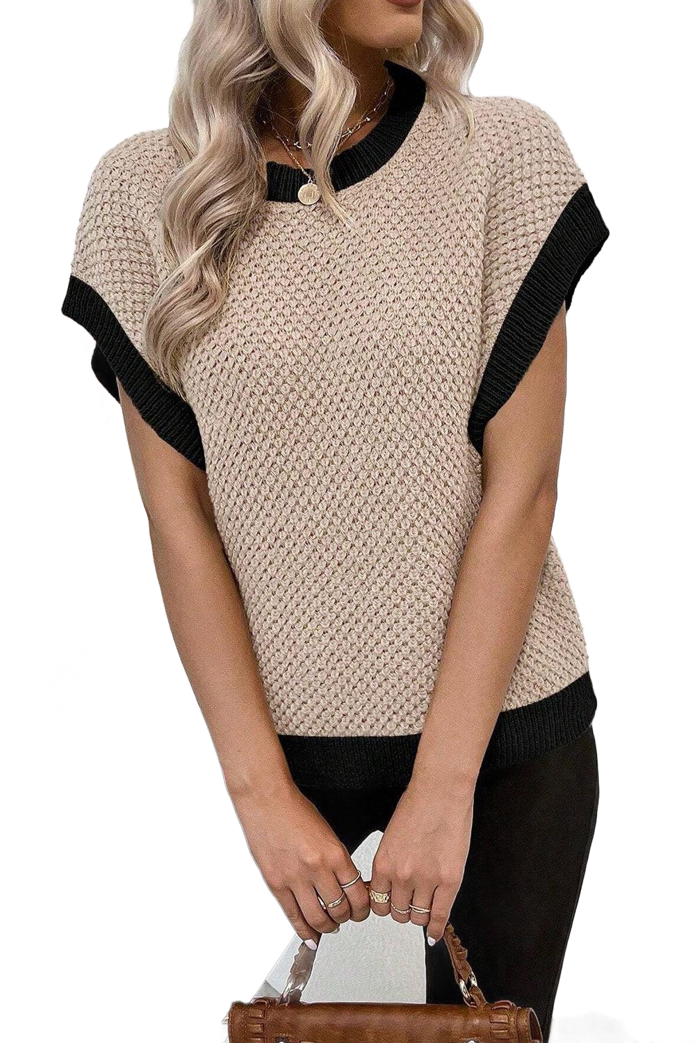 Contrast Round Neck Cap Sleeve Knit Top