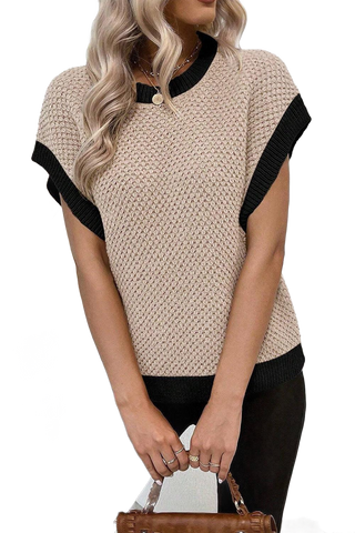 Contrast Round Neck Cap Sleeve Knit Top