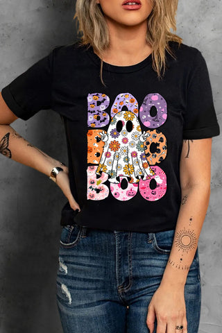 BOO, Ghost Graphic Round Neck Short Sleeve T-Shirt