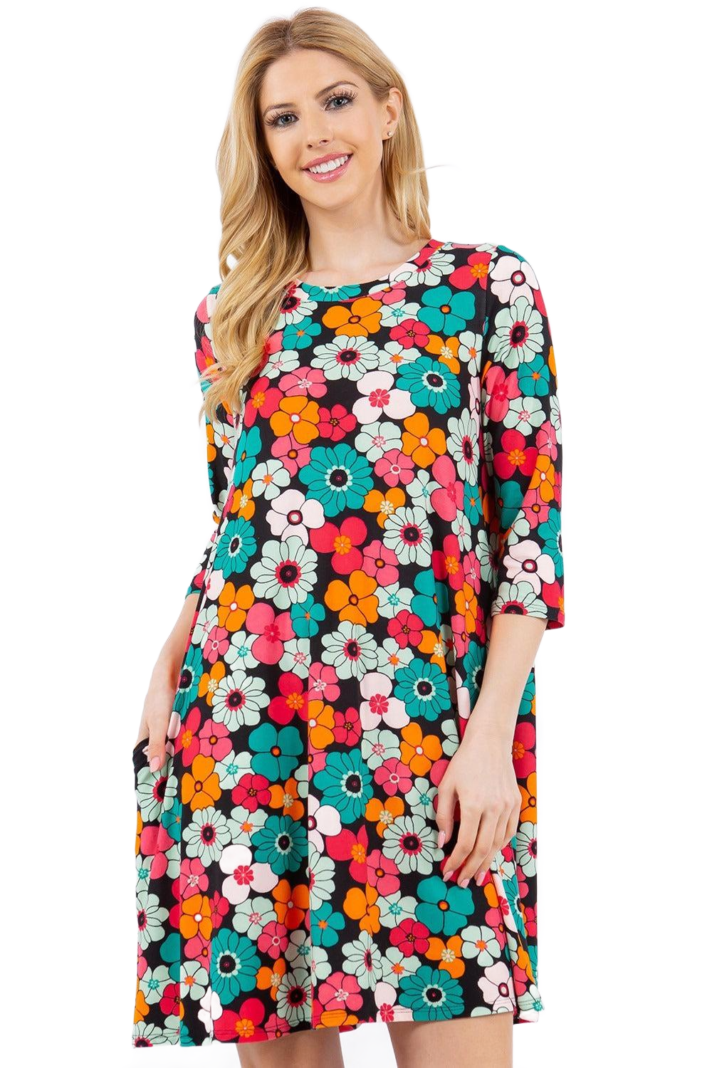 Full Size Floral Three-Quarter Sleeve Dress with Pockets