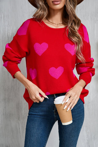 Heart Round Neck Dropped Shoulder Sweater