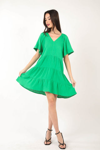 Texture V-Neck Ruffled Tiered Dress