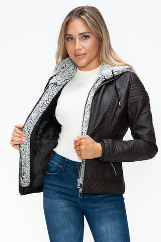 MI Faux Layered Double-Zipper Jacket with Fuzzy Hood