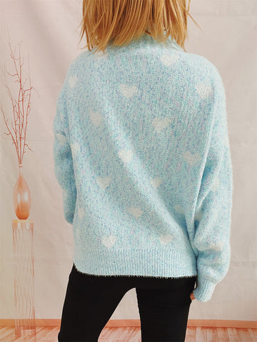 Heart Feathered Turtleneck Drop Shoulder Sweater