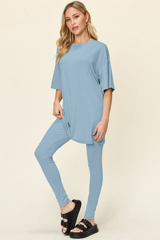 Full Size Round Neck Dropped Shoulder T-Shirt and Leggings Set