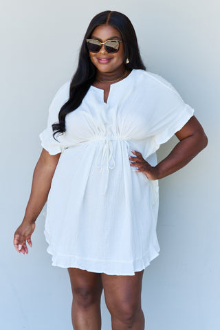 Full Size Ruffle Hem Dress with Drawstring Waistband in White