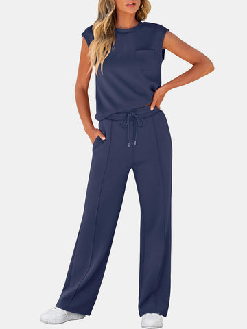 Full Size Round Neck Top and Drawstring Pants Set