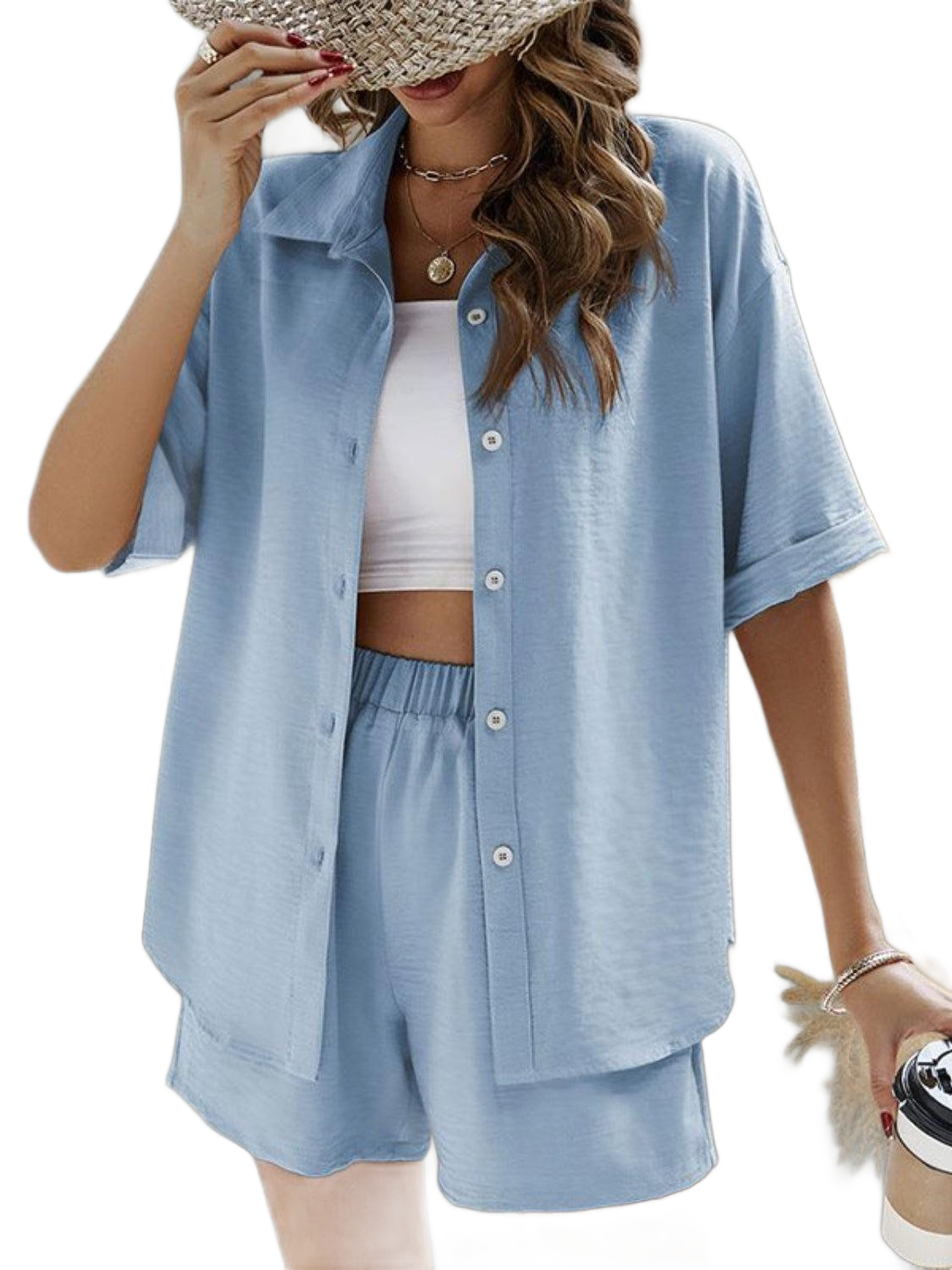 Button Up Half Sleeve Top and Shorts Set