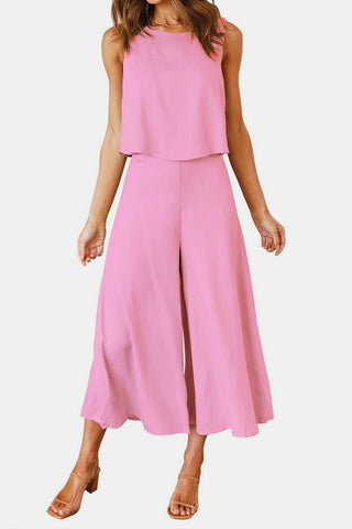 Round Neck Top and Wide Leg Pants Set