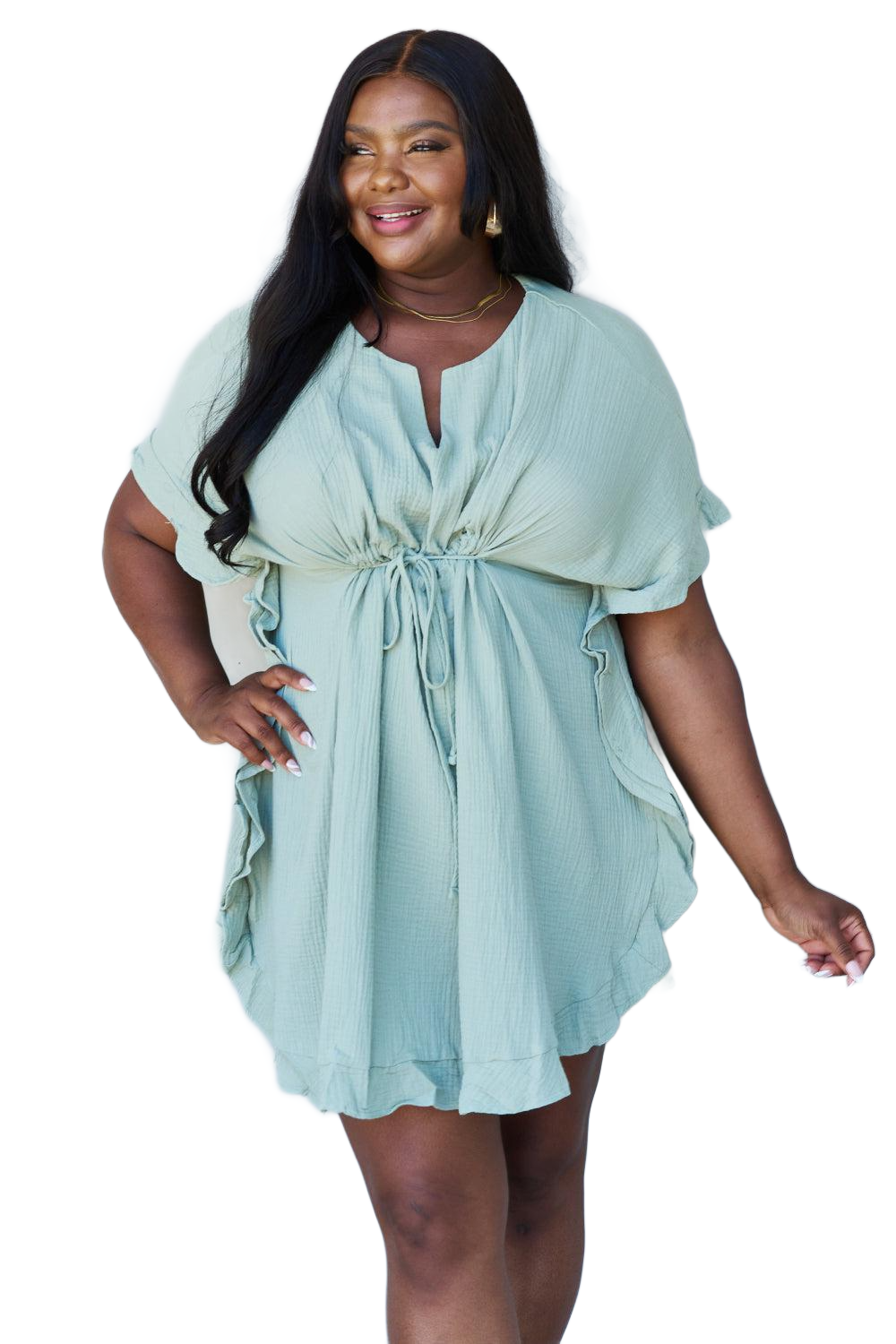 Full Size Ruffle Hem Dress with Drawstring Waistband in Light Sage