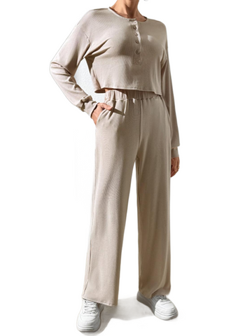 Half Button Long Sleeve Top and Pants Set