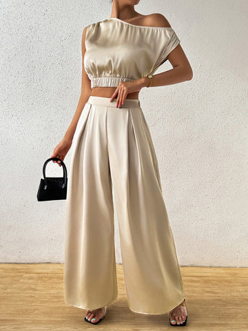 One Shoulder Short Sleeve Top and Wide Leg Pants Set