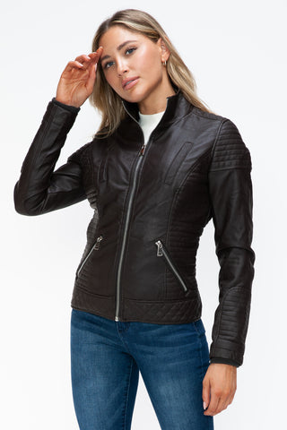 MI Faux Layered Double-Zipper Jacket with Fuzzy Hood