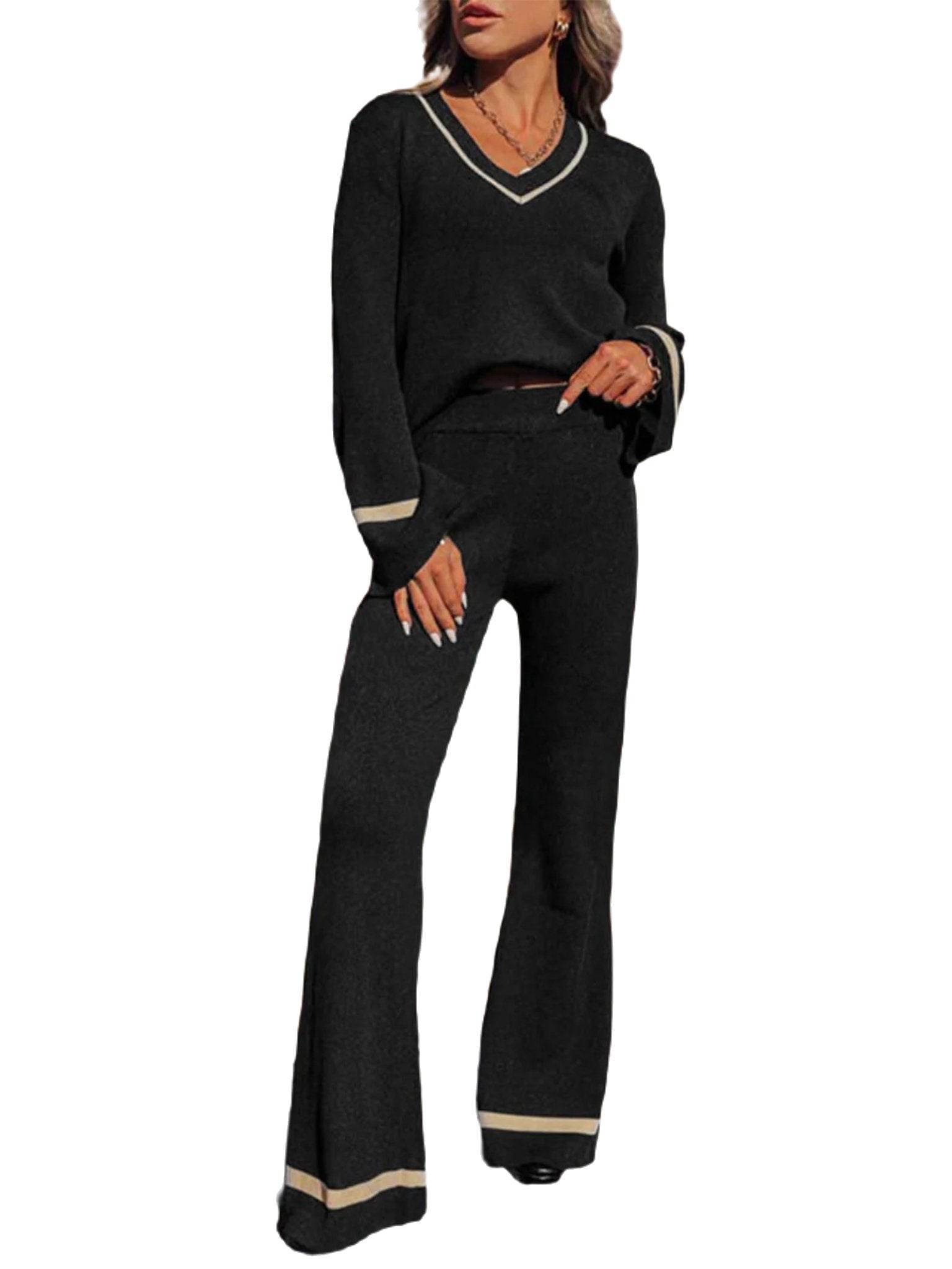 V-Neck Long Sleeve Top and Pants Set