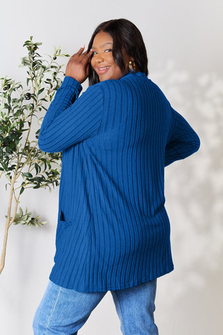 Full Size Ribbed Open Front Cardigan with Pockets