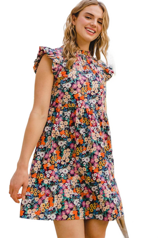 I Full Size Floral Ruffled Cap Sleeve Mini Dress