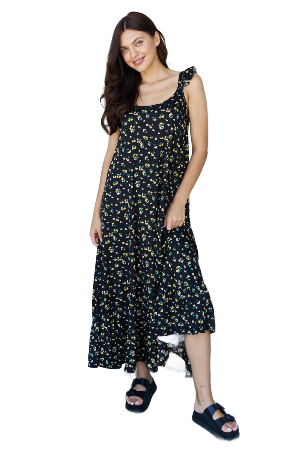 Ruffle Floral Maxi Dress in  Black Yellow Floral