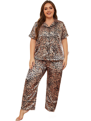 Plus Size Leopard Short Sleeve Top and Pants Lounge Set