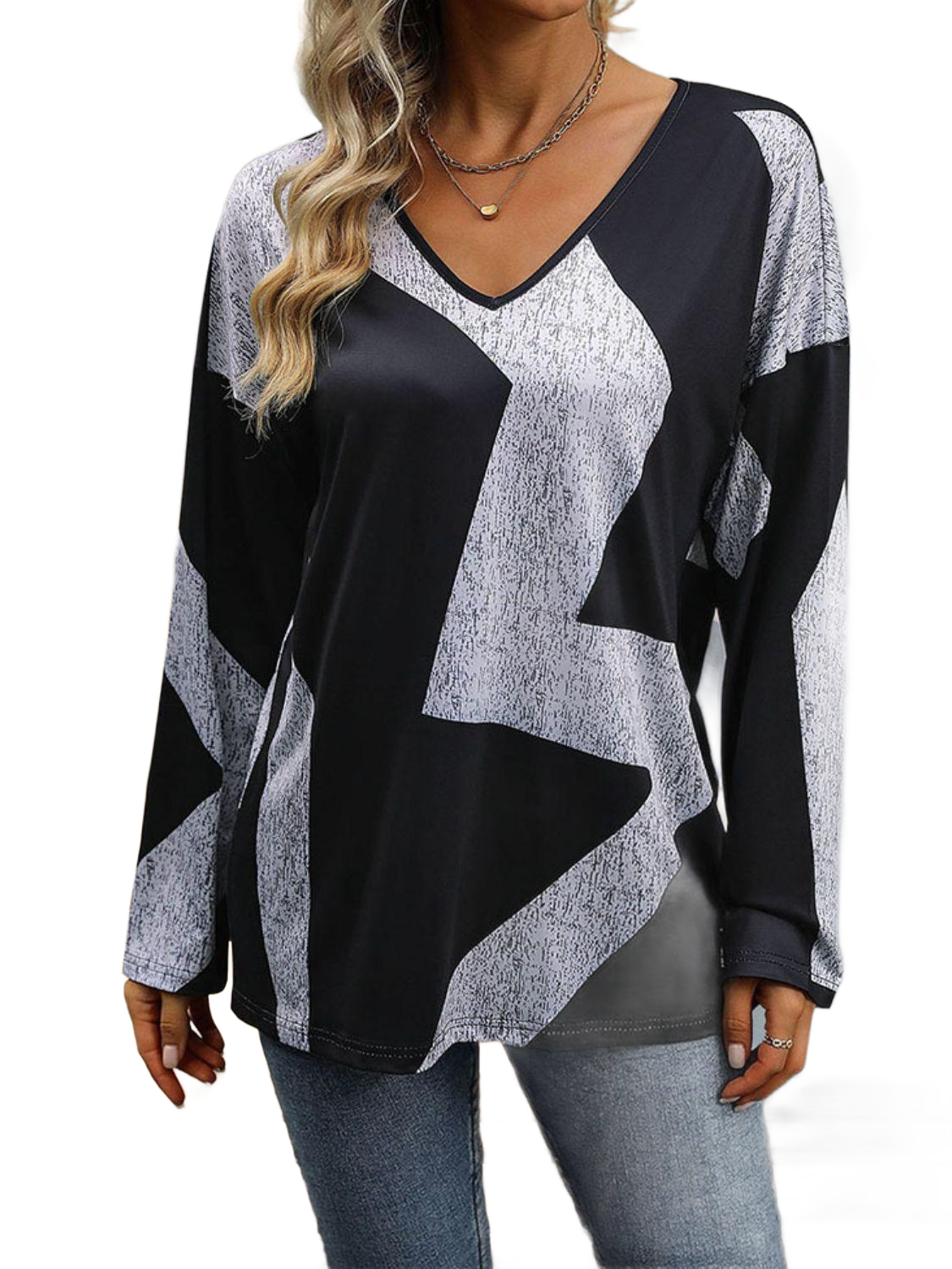 Color Block V-Neck Long Sleeve T-Shirt