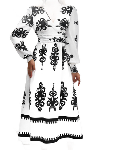 Printed Surplice Lantern Sleeve Midi Dress