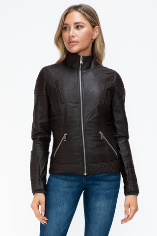 MI Faux Layered Double-Zipper Jacket with Fuzzy Hood