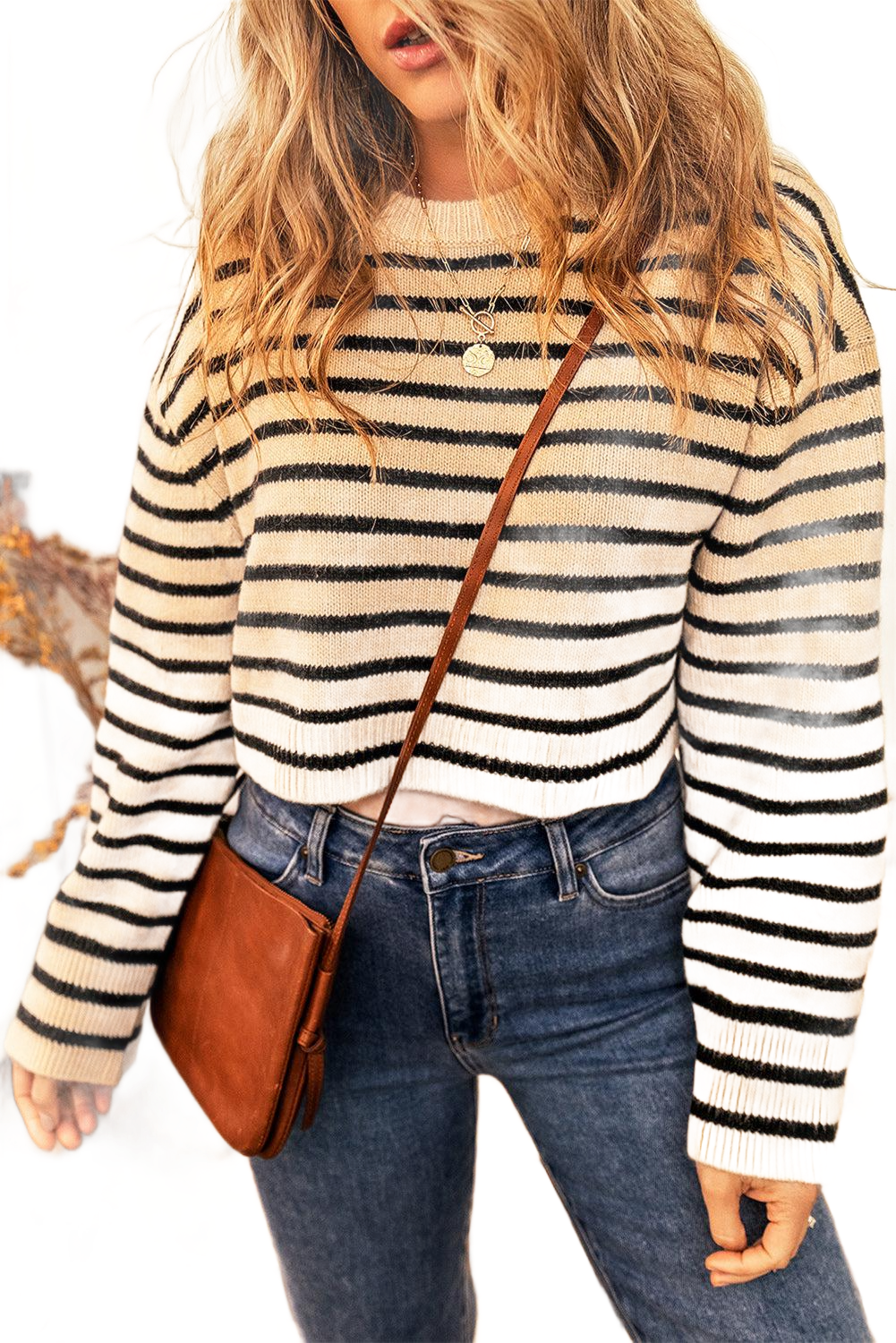 Striped Round Neck Long Sleeve Cropped Sweater