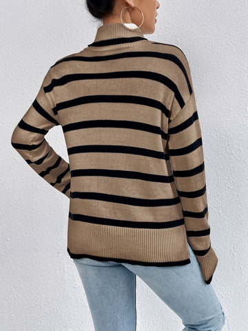 Striped Turtleneck Drop Shoulder Sweater