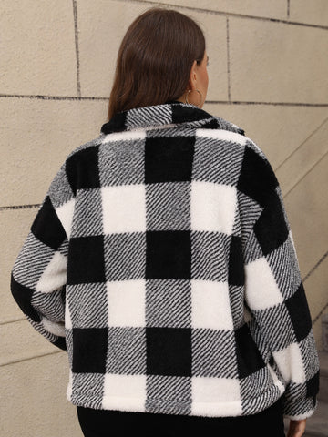 Plus-Size Pocketed Plaid Collared Neck Jacket