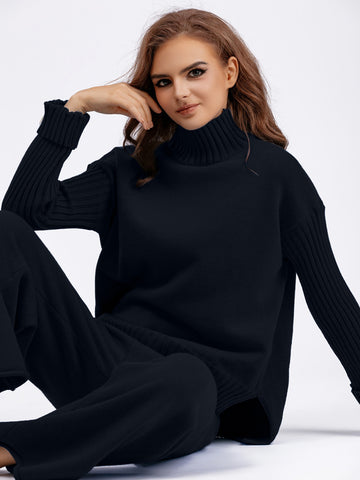 Basic Be High-Low Turtleneck Long Sleeve Top and Pants Sweater Set