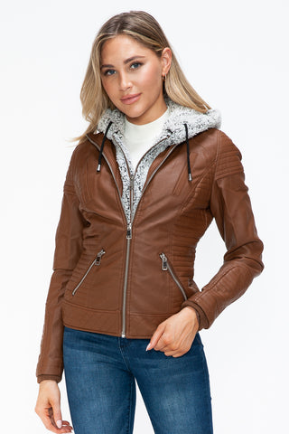 PMI Faux Layered Double-Zipper Jacket with Fuzzy Hood