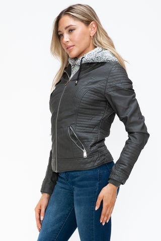 PMI Faux Layered Double-Zipper Jacket with Fuzzy Hood