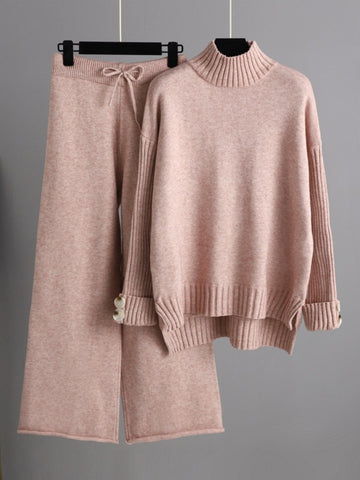 Basic Be High-Low Turtleneck Long Sleeve Top and Pants Sweater Set