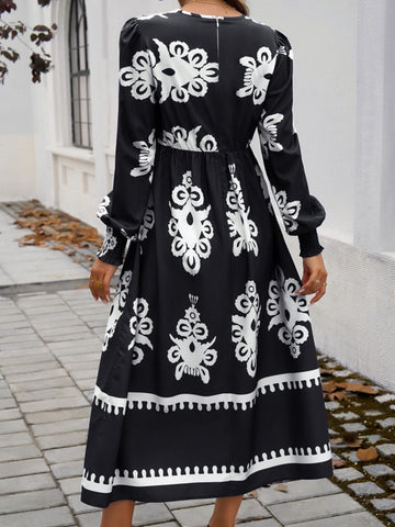 Printed Surplice Lantern Sleeve Midi Dress