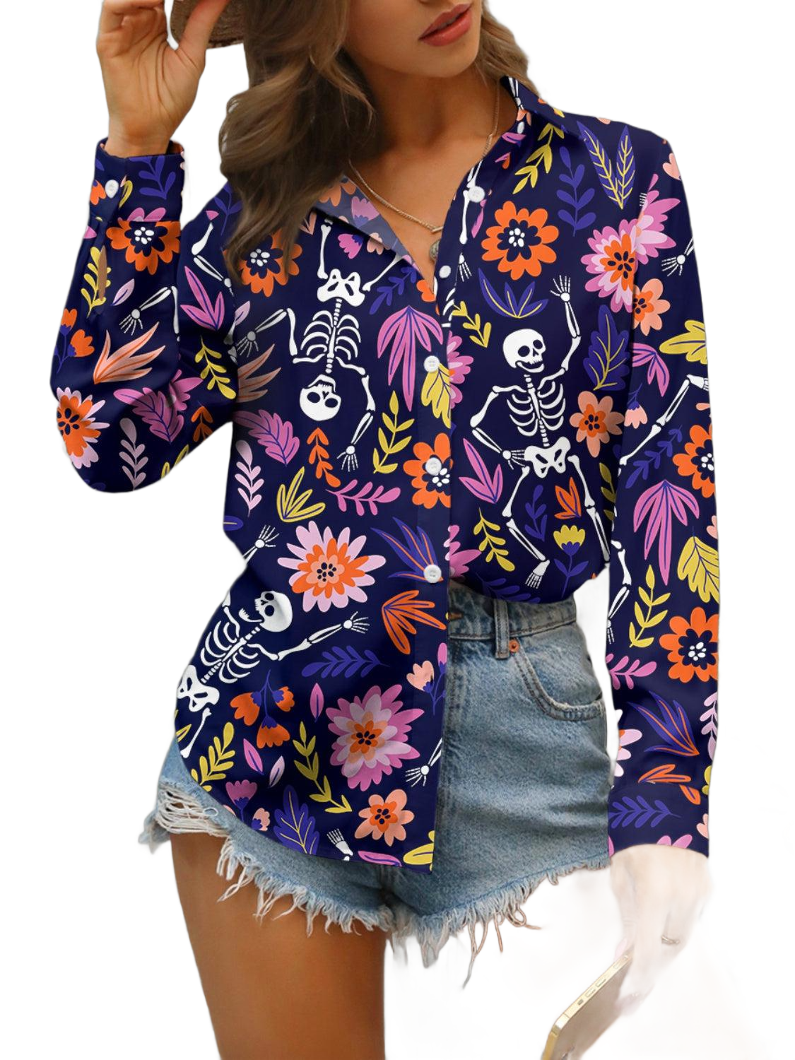 Buttoned Printed Collared Neck Long Sleeve Shirt