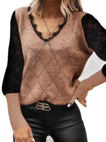 Lace Decor V Neck Two Tone Sweater