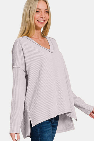 Ze nana Texture Exposed Seam V-Neck Long Sleeve T-Shirt