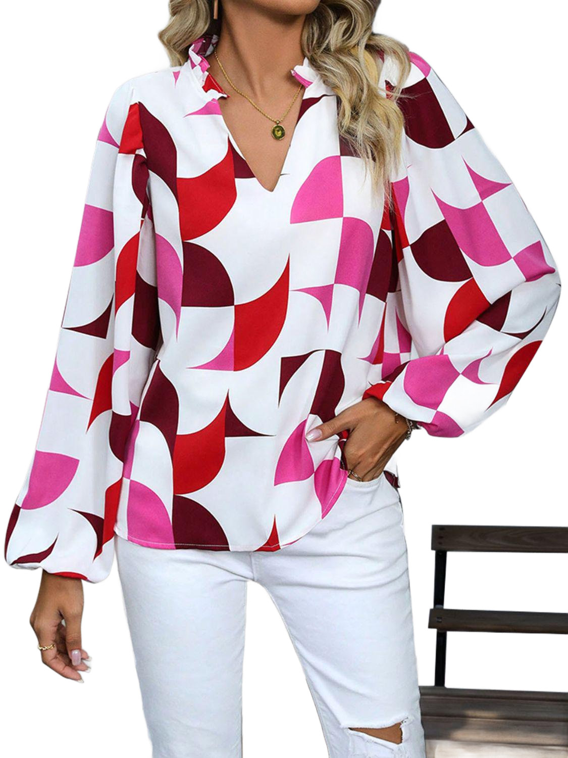 Frill Notched Long Sleeve Blouse